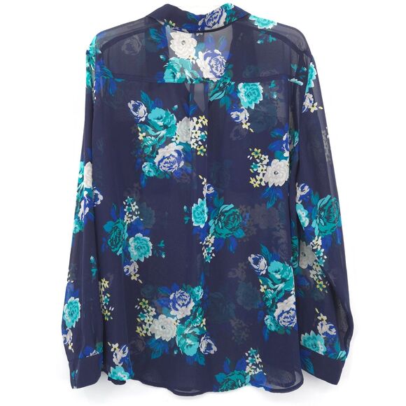 Old Navy floral semi-sheer chiffon button up top Size XXL blue long sleeve - Picture 6 of 6